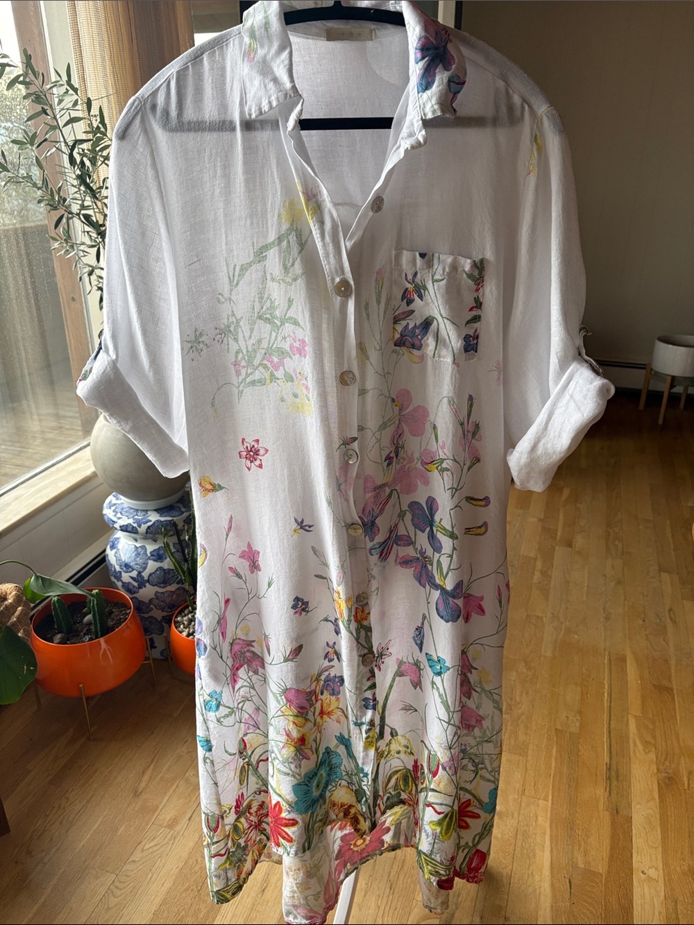 Linen Floral Button-Up Shirt Dress